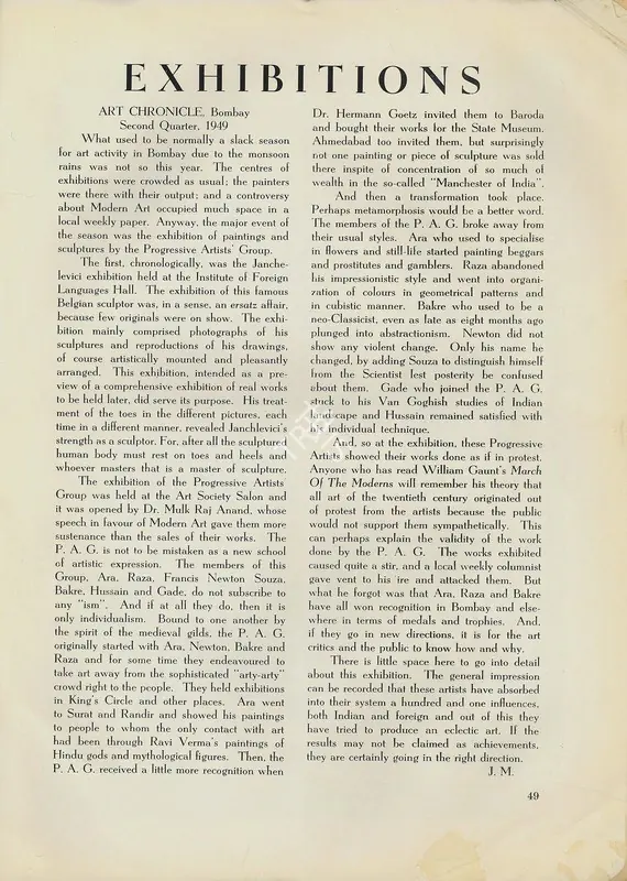 M., J. (Essayist). Exhibitions - Art Chronicle, Bombay. In Marg. 3(3), p. 49. Bombay: Modern Artists and Architects Research Group, July 1949 | Essay | FineArts | 00668777, 1949