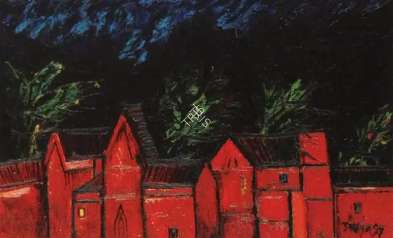 Souza, F.N. (Artist). Row Of Red Houses With Trees, 1957 | Painting