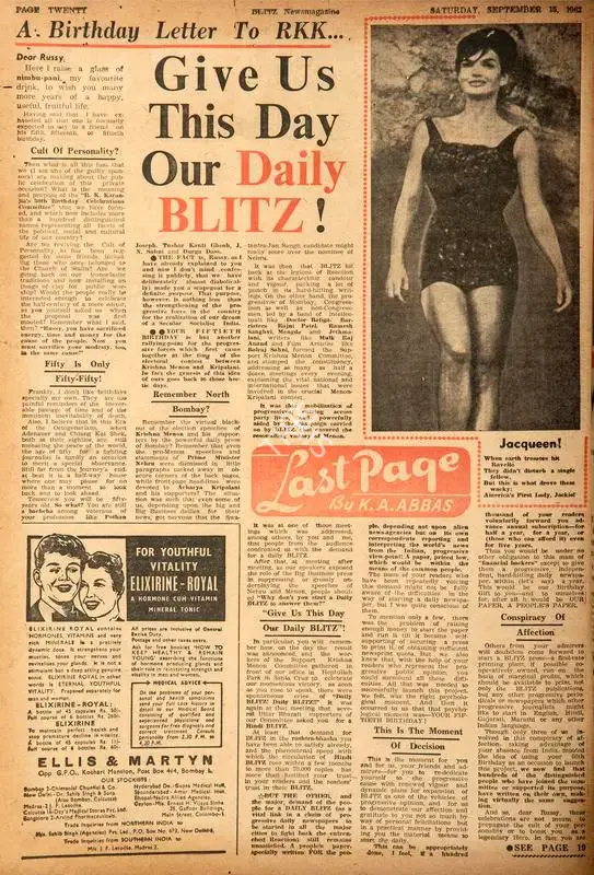 Abbas, Khwaja Ahmad (Columnist). A Birthday Letter to RKK…Give Us This Day Our Daily Blitz. In Blitz - Hindi Sanskaran. p. 20. Bombay: Homi D. Mistry, 15 September 1962 | Essay | CinemaEducation | 00464714