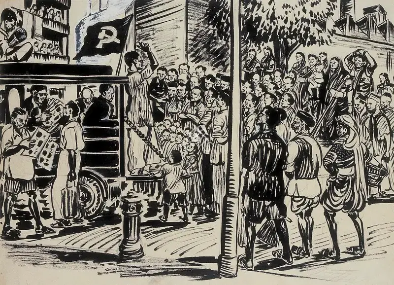 Chittaprosad (Artist). Political Gathering, c.1948 | Drawing
