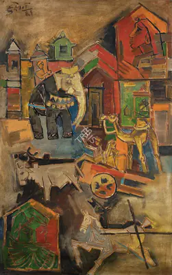 Husain, M.F. (Artist). Elephant in Town. Oil on canvas, 1961 | Painting | FineArts | 00336070