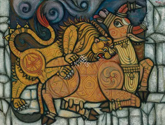 Bhatt, Jyoti (Artist). Pouncing of Kombhodara. Oil on canvas, 1961 | Painting | FineArts | 00340501