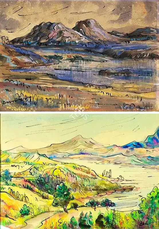 Baij, Ramkinkar (Artist). Parganas Landscape. Watercolour on paper, early 1950s | Painting | FineArts | 00371678