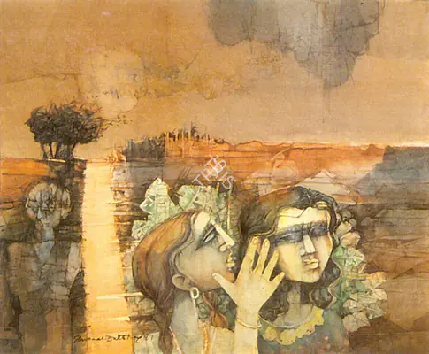 Ray, Shyamal Dutta (Artist). Conversation. Watercolour on paper, 1987 | Painting | FineArts | 00373542