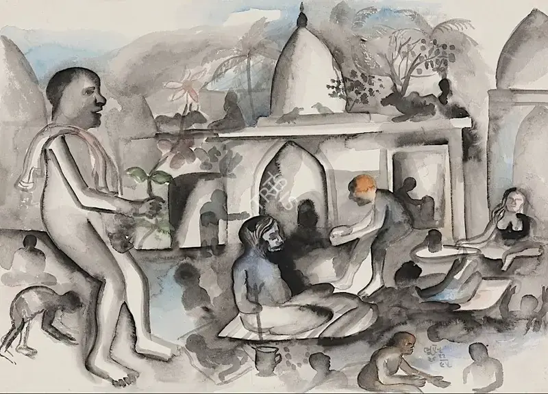 Khakhar, Bhupen (Artist). Untitled. Watercolour on handmade paper pasted on mount board, 1995 | Painting | FineArts | 00416717