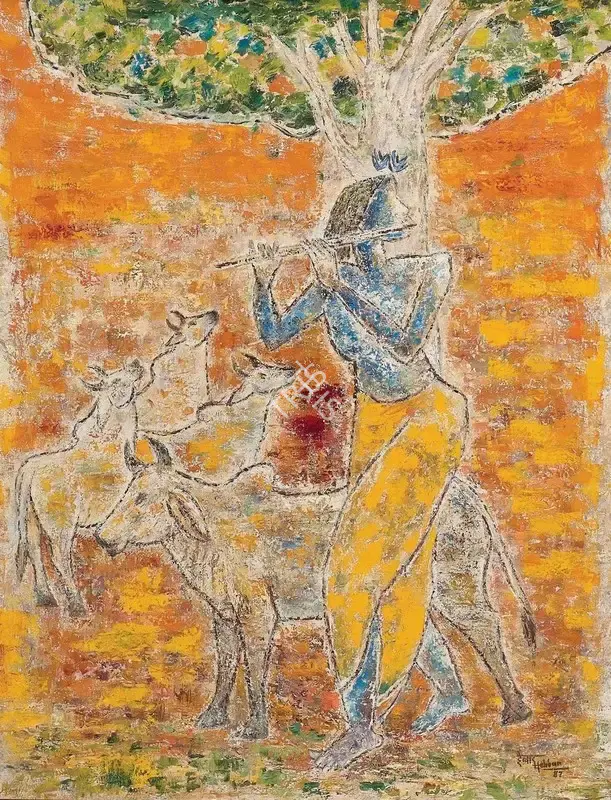 Hebbar, K.K. (Artist). Untitled (Krishna The Divine Herdsman). Oil on canvas, 1987 | Painting | FineArts | 00603375