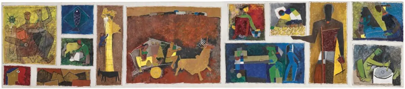 Husain, M.F. (Artist). Untitled (Gram Yatra). Oil on canvas, 1954 | Painting | EconomicsArt | 00869667