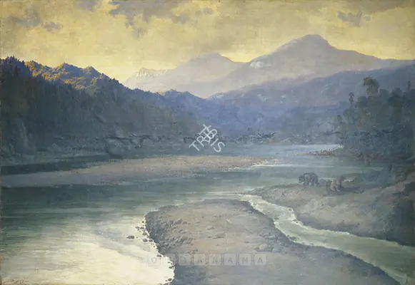 Gangooly, J.P. (Artist). Mountain Riverscape With Bears. Oil on canvas, 1928 | Painting  | 00877508