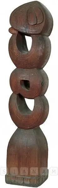 Bhagat, Dhanraj (Artist). Figure With Symbols. Wood, 1977 | Sculpture | FineArts | 00600785