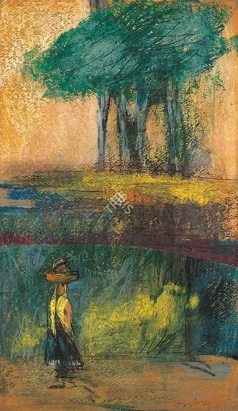 Ghose, Gopal (Artist). Rural Landscape With Woman. Pastels on cardpaper, 1960 | Drawing | FineArts | 00371682