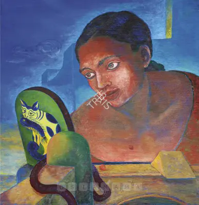 Kaleka, Ranbir (Artist). Woman With Mirror. Acrylic on board, 2000 | Painting | FineArts | 00562525