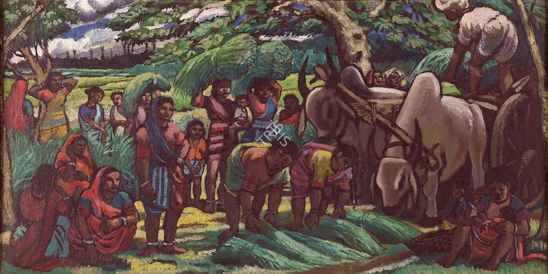 Chittaprosad (Artist). Untitled (Village Scene At Harvesting). Oil on canvas, pasted on board, early 1950s | Painting | FineArts | 00757217