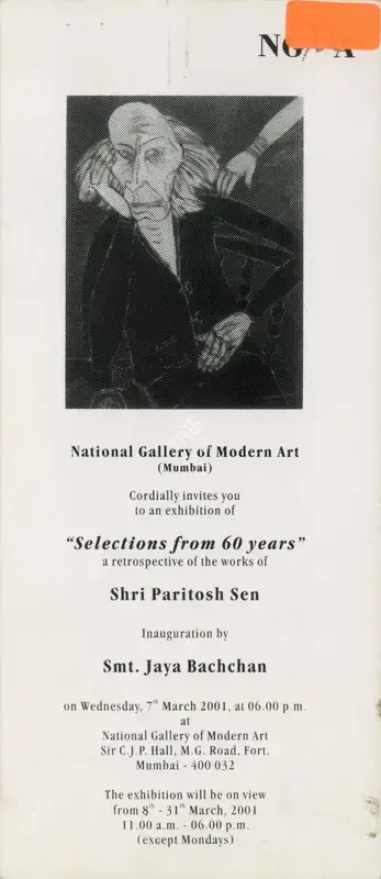 Sen, Paritosh (Artist). Selections from 60 years - A Retrospective of the Works of Shri Paritosh Sen. Mumbai: National Gallery of Modern Art, 2001 | Solo Exhibition Invitation | FineArts | 00859925