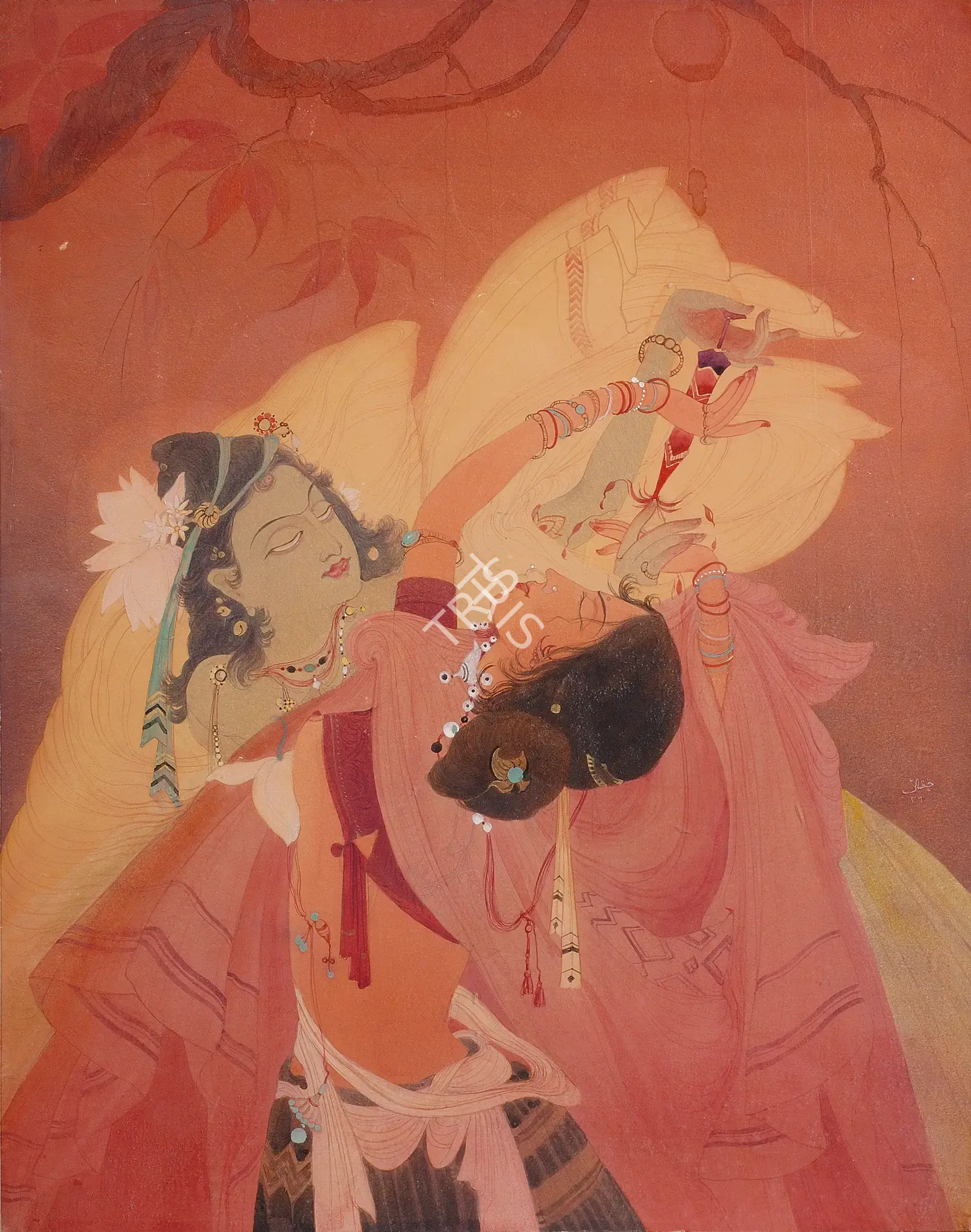 Chughtai, M.A.R. (Artist). Radha And Krishna Playing Holi. Watercolour and wash heightened with gold on paper, 1936 | Painting | FineArts | 00561009