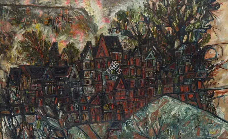 Souza, F.N. (Artist). Houses in Hampstead. Oil and polyvinyl acetate on canvas, 1962 | Painting | EconomicsArt | 00871545