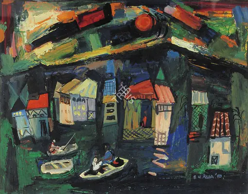 Raza, S.H. (Artist). Kashmir Houseboats. Watercolour on paper, 1950 | Painting | FineArts | 00373329