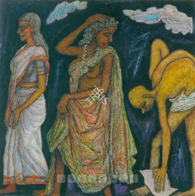 Chowdhury, Jogen (Artist). A Cloudy Evening. Ink and pastel on paper laid on board, 1994 | Painting | FineArts | 00600618