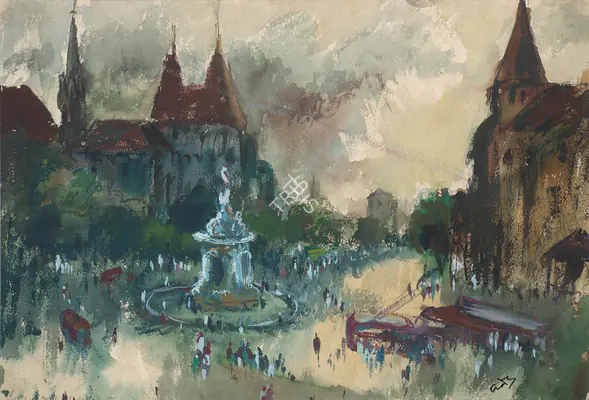Gade, H.A. (Artist). Flora Fountain, Bombay. Watercolour on paper, mid/late 1940s | Painting | FineArts | 0022578