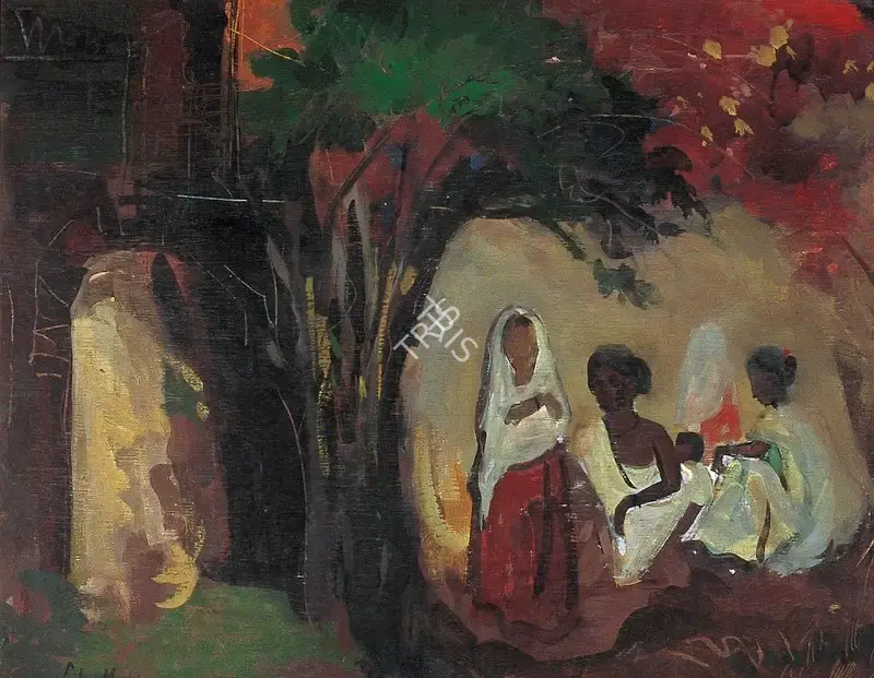 Mookherjea, Sailoz (Artist). Village Scene. Oil on board, c.1957 | Painting | FineArts | 00373202