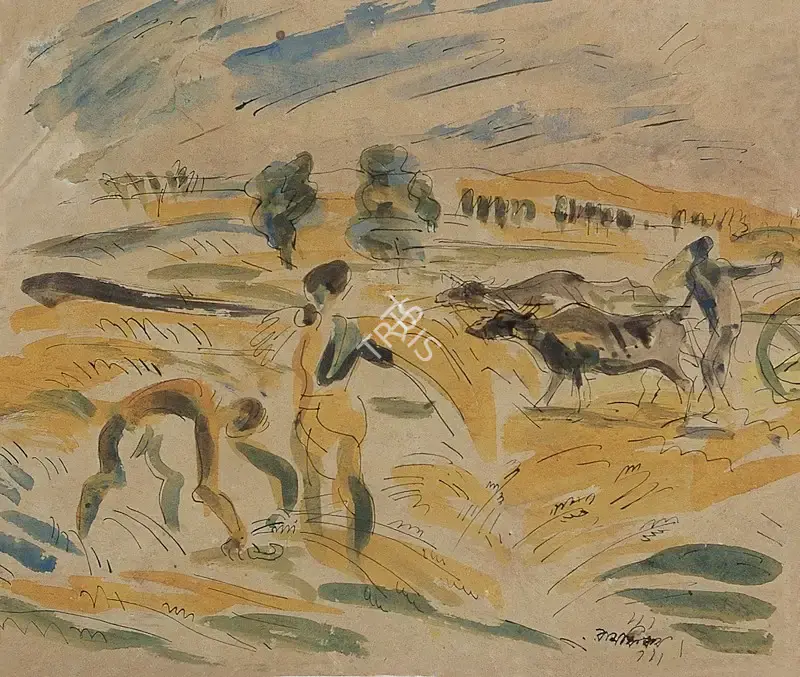 Baij, Ramkinkar (Artist). Farmers Harvesting. Watercolour on paper, c.1943 | Painting | FineArts | 00373295