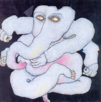 Chowdhury, Jogen (Artist). Ganesha. Pen and ink and coloured chalks on paper, 1977 | Drawing | FineArts | 00372501