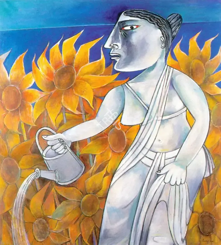 Sen, Paritosh (Artist). Watering the Sunflower Plants. Acrylic on canvas, 1991 | Painting | FineArts | 00374574