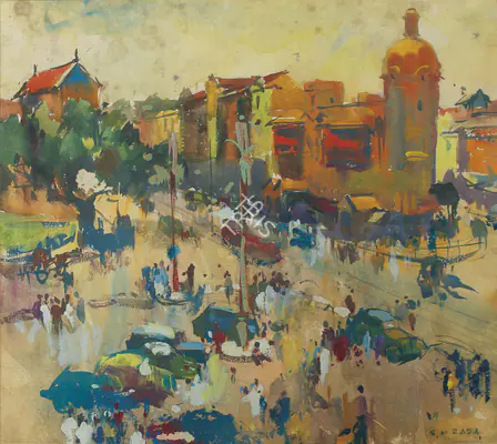 Raza, S.H. (Artist). Monsoon Street Scene, Bombay. Watercolour on paper, 1945 | Painting | FineArts | 0022577