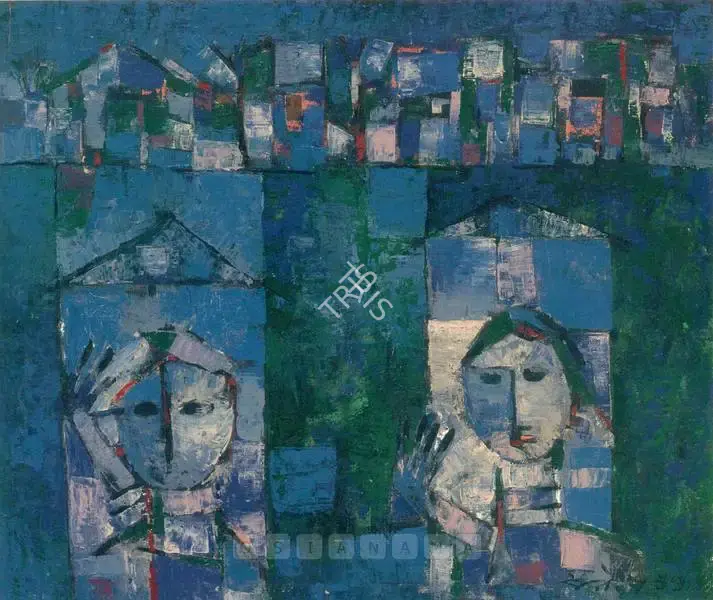 Santosh, G.R. (Artist). Lovers In The Window. Oil on canvas, 1959 | Painting | FineArts | 00600660