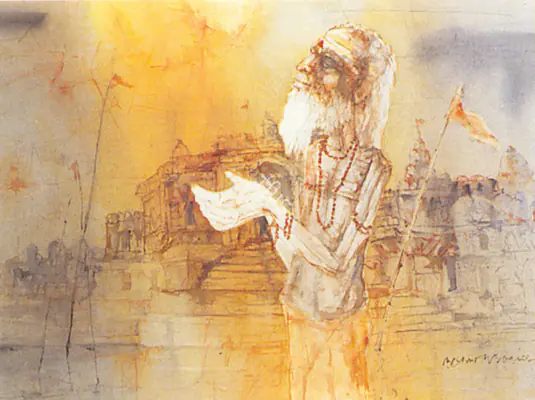 Ray, Shyamal Dutta (Artist). Benares Ghats. Pen and ink and mixed media on paper, 1998 | Painting  | 00877061