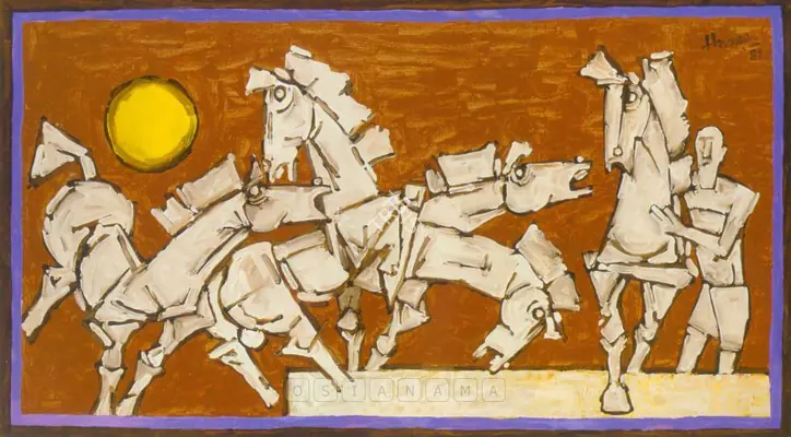 Husain, M.F. (Artist). The Arrival Of Fifth. Acrylic on canvas, 1981 | Painting | FineArts | 00600607