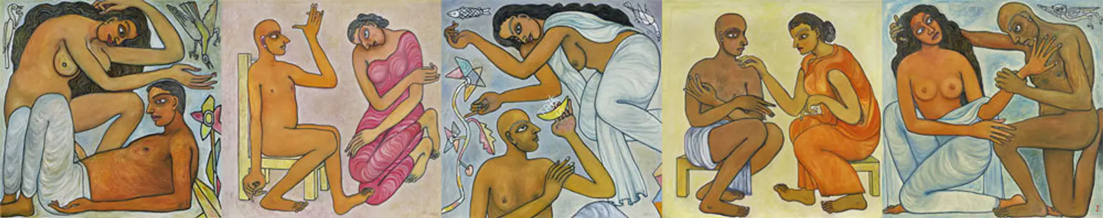 Chowdhury, Jogen (Artist). Story of Woman, I 'Love Making' II 'Submission' III 'Romance', IV 'Friendship', V 'Aggression'. Oil on canvas, 2013 | Painting | FineArts | 00594832