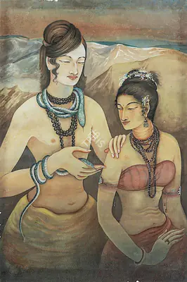Majumdar, Kshitindranath (Artist). Shiva & Parvati. Watercolour on paper, early 1930s | Painting | FineArts | 00419194