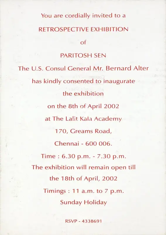 Sen, Paritosh (Artist). Retrospective Exhibition of Paritosh Sen. Chennai: Lalit Kala Academy, 2002 | Solo Exhibition Invitation | FineArts | 00859863