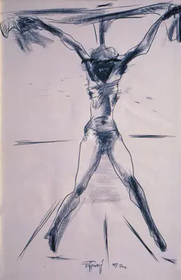Das, Jatin (Artist). Christ in Cross. Charcoal and conte on paper, 1995 | Drawing | FineArts | 00375790
