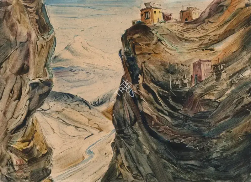 Krishna, Kanwal (Artist). A Tibetan Monastery. Watercolour on paper, 1951 | Painting | FineArts | 00357421