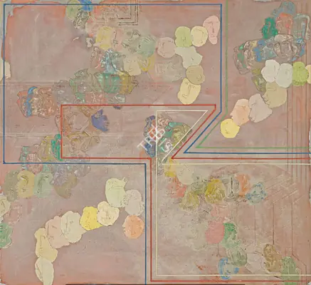Samant, Mohan (Artist). Untitled: Heads in a Triangle. Mixed media with sand on canvas, 1973 | Painting  | 00868457