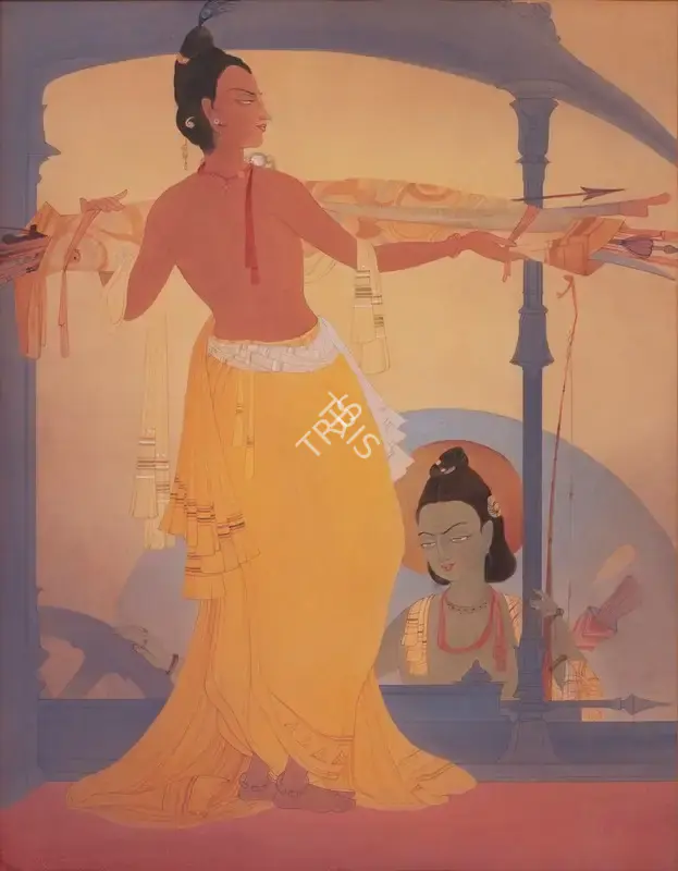 Chughtai, M.A.R. (Artist). Krishna Instructing Arjuna. Watercolour on paper, c.1930s | Painting | FineArts | 00547078
