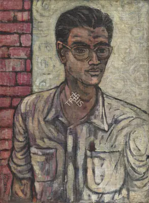 Bhatt, Jyoti (Artist). Self-Portrait. Plastic paint and ink on jute canvas pasted on board, 1956 | Painting | EconomicsArt | 00871484
