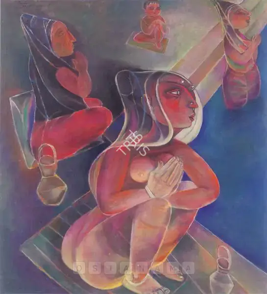 Sen, Paritosh (Artist). Women At A Sacred Tank. Oil on canvas, 1989 | Painting | FineArts | 00598094