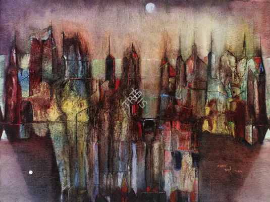 Bakre, S.K. (Artist). Moonlit Cityscape. Oil on canvas, 1966 | Painting  | 00881192