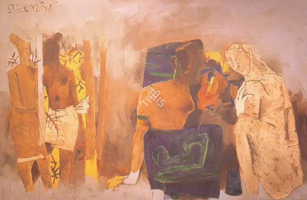 Husain, M.F. (Artist). Figures in Landscape (Kerala Series). Oil on canvas, 1967 | Painting | FineArts | 00371227
