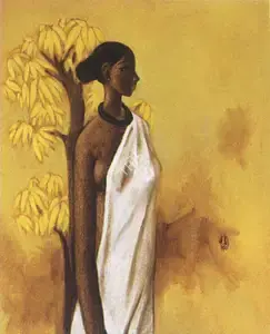 Prabha, B. (Artist). Woman by a tree, n.d. | Painting