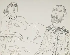 Souza, F.N. (Artist). Untitled (Reclining nude with Priest), 1954 | Drawing