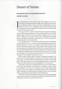 Ghose, Anindita (Essayist). Stream of Stories. In <i>Marg - The Kochi-Muziris Biennale.</i> 68(2), pp. 114-117. Mumbai: Radhika Sabavala, December 2016 - March 2017 | Conversation | FineArts | 00669098
