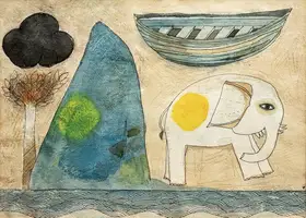 Narayan, Badri (Artist). Chaddanta Jataka With Cloud, Rock, Tree And Boat, n.d. | Painting