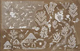 Mashe, Jivya Soma (Artist). Untitled (Peacock Seed Sacks) (Warli Painting), n.d. | Painting