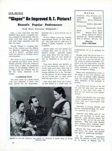 "Wapas" An Improved N.T. Pictures! - Bharati's Popular Performance - Good Music Entertains Delightfully!. In <i>Filmindia.</i> 10(1), pp. 44-45. Bombay: Baburao Patel, January 1944 | Film Review | CinemaEducation | 00858731