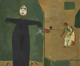 Sanyal, B.C. (Artist). Scare Crow and The Peasant Woman, 1970 | Painting