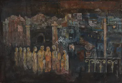 Pyne Ganesh Artist The Night Watch Tempera on canvas pasted on board 1962 Painting FineArts 00336079