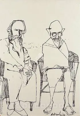 Adimoolam, K.M. (Artist). Gandhiji & Tagore, 1969 | Drawing